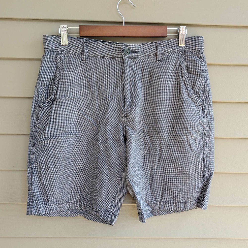 Marc Anthony Shorts Mens 32 Grey Cotton Linen Blend Micro Houndstooth Flat Front
